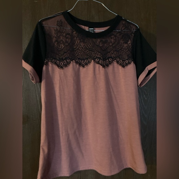 Shein Pink mavue & black lace t shirt Tops - Shein Lace Top Size Large pink mauve black t-shirt. Wore once.